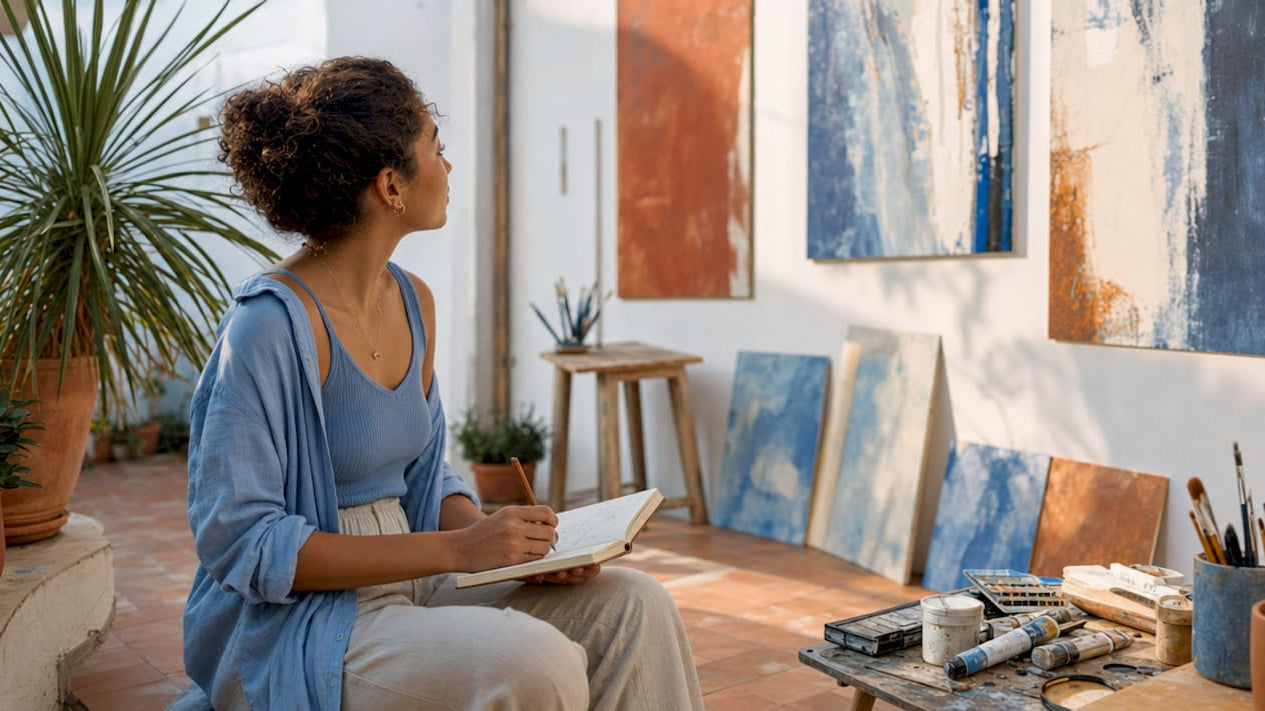 Visitor observing artworks in art studio event