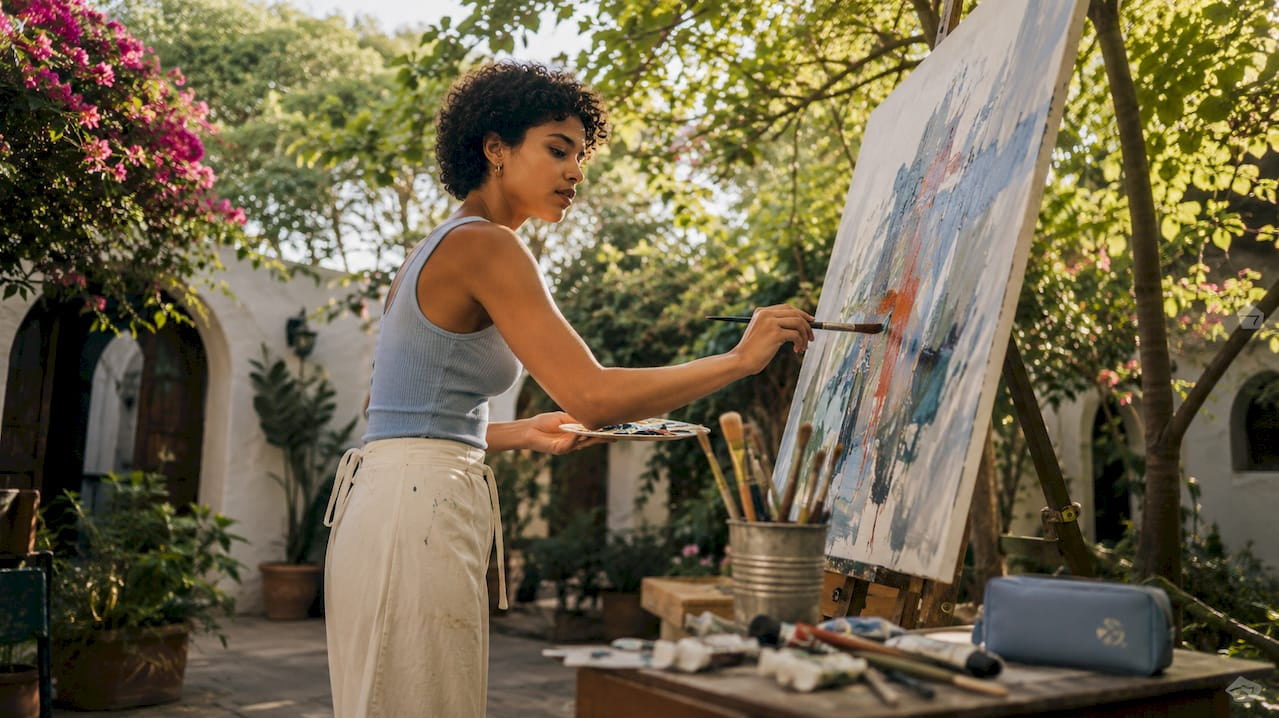 Artist painting personal style in sunny studio