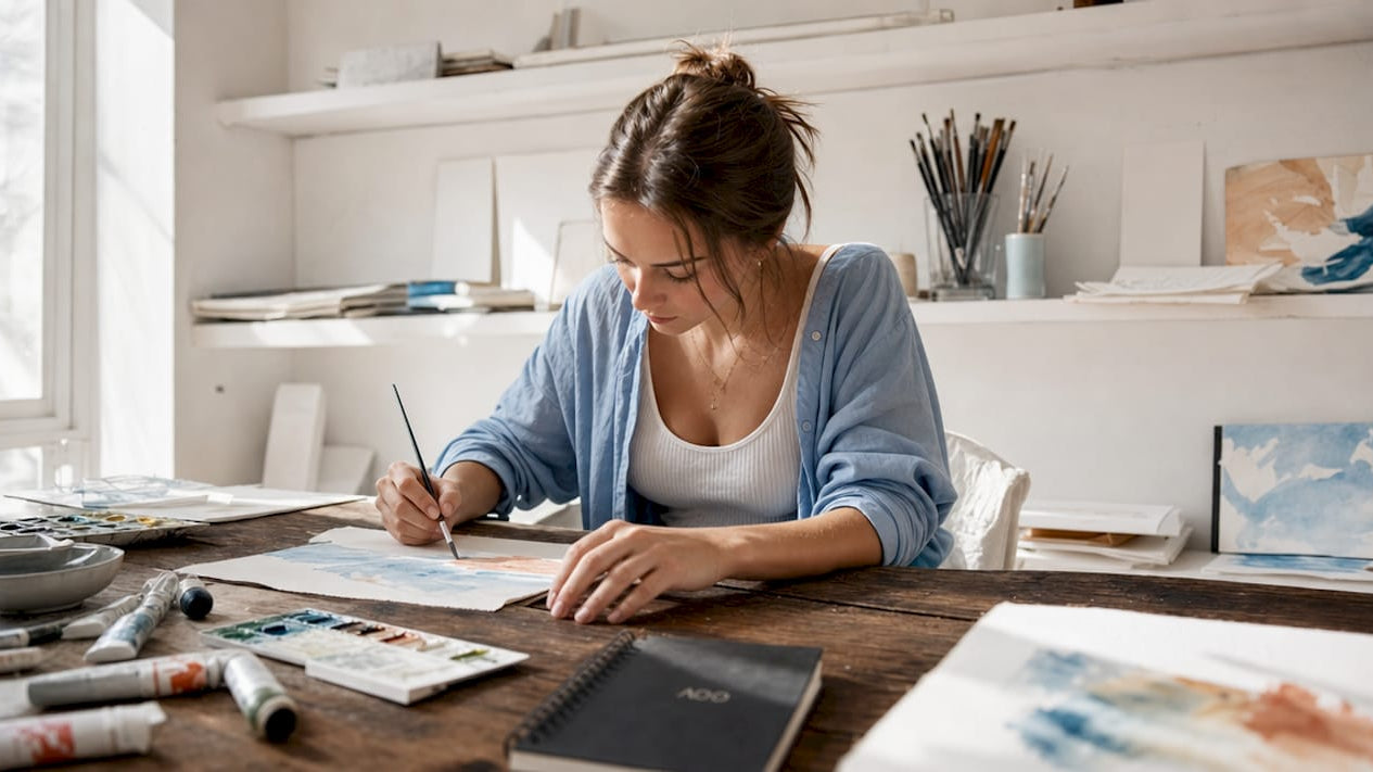 Artist painting with watercolors in home studio