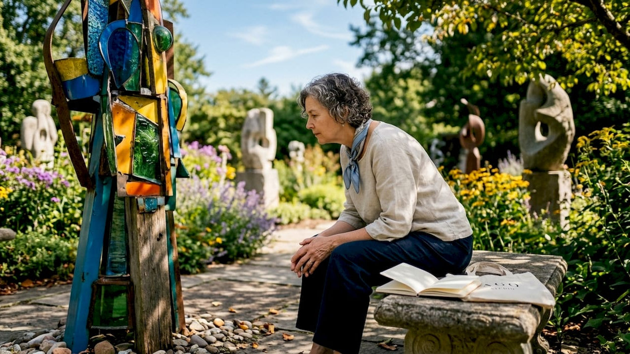 Woman reflecting on abstract painting in gallery