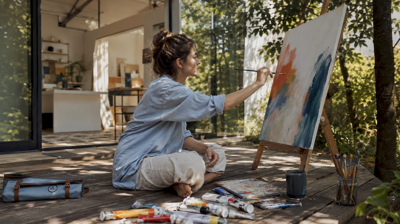 Woman painting in sunlit art studio