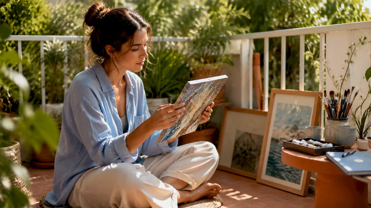 Woman examining original painting in studio