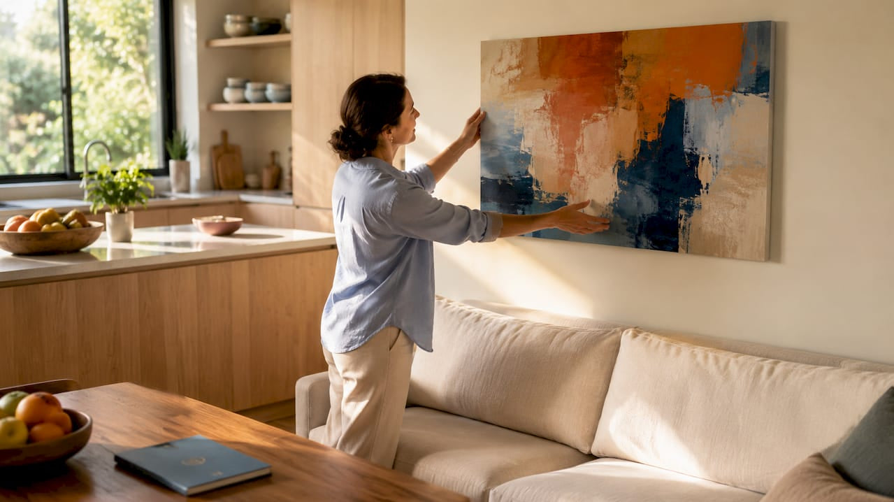 Woman hanging artwork in living room