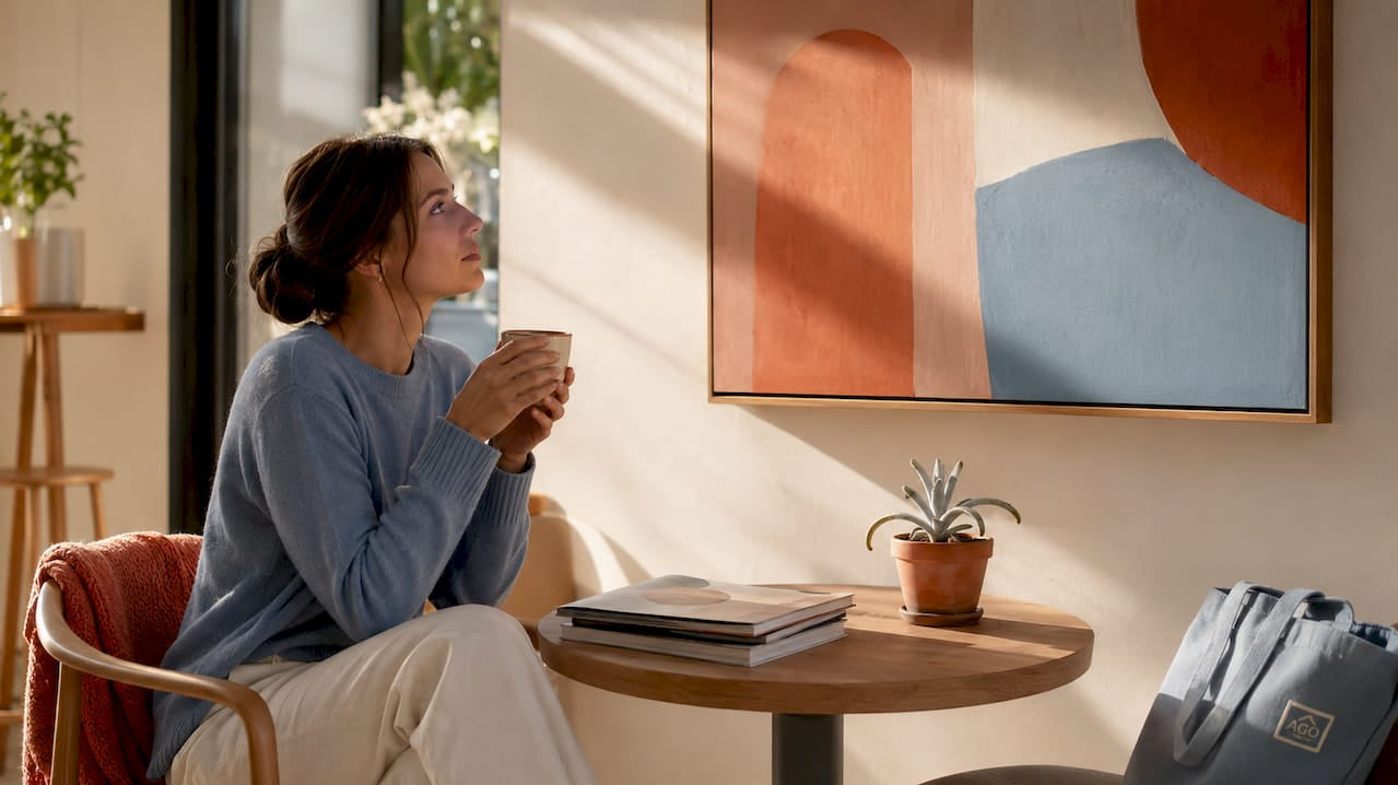 Person contemplating abstract painting indoors
