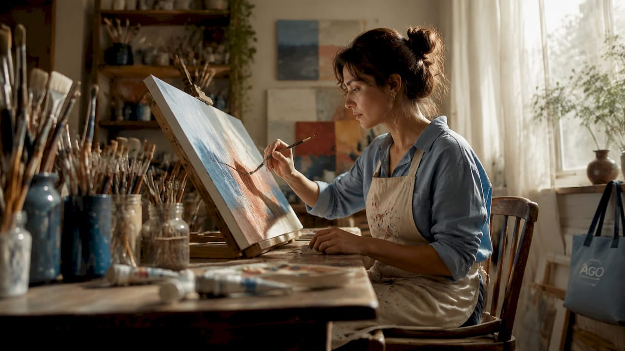 Artist working in bright dedicated home studio