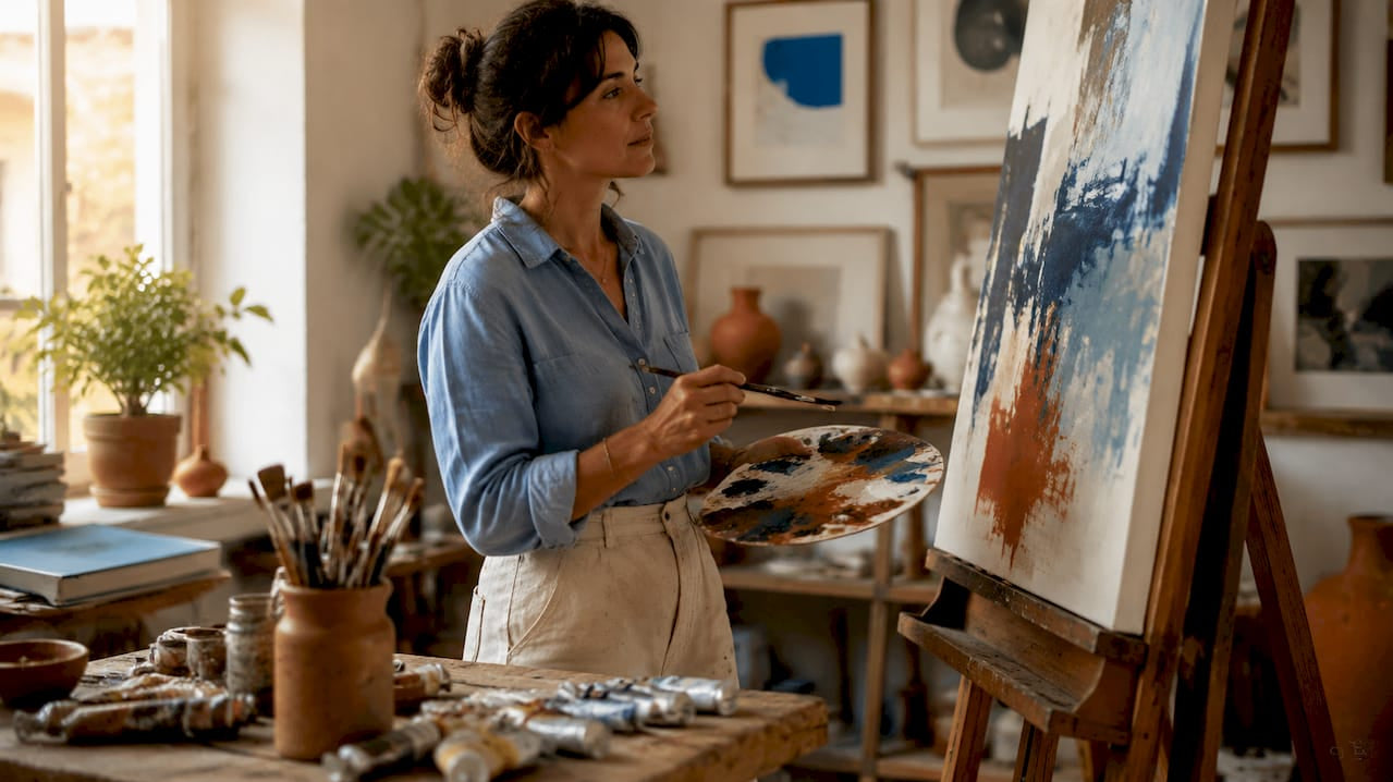 Artist painting in bright studio workspace