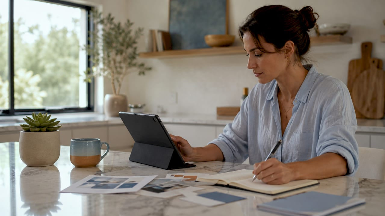 Woman comparing online art marketplaces at home