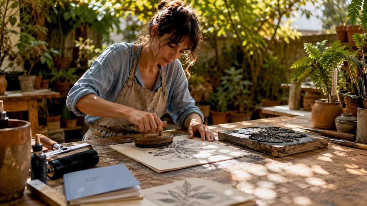 Artist hand-pulling relief print in studio