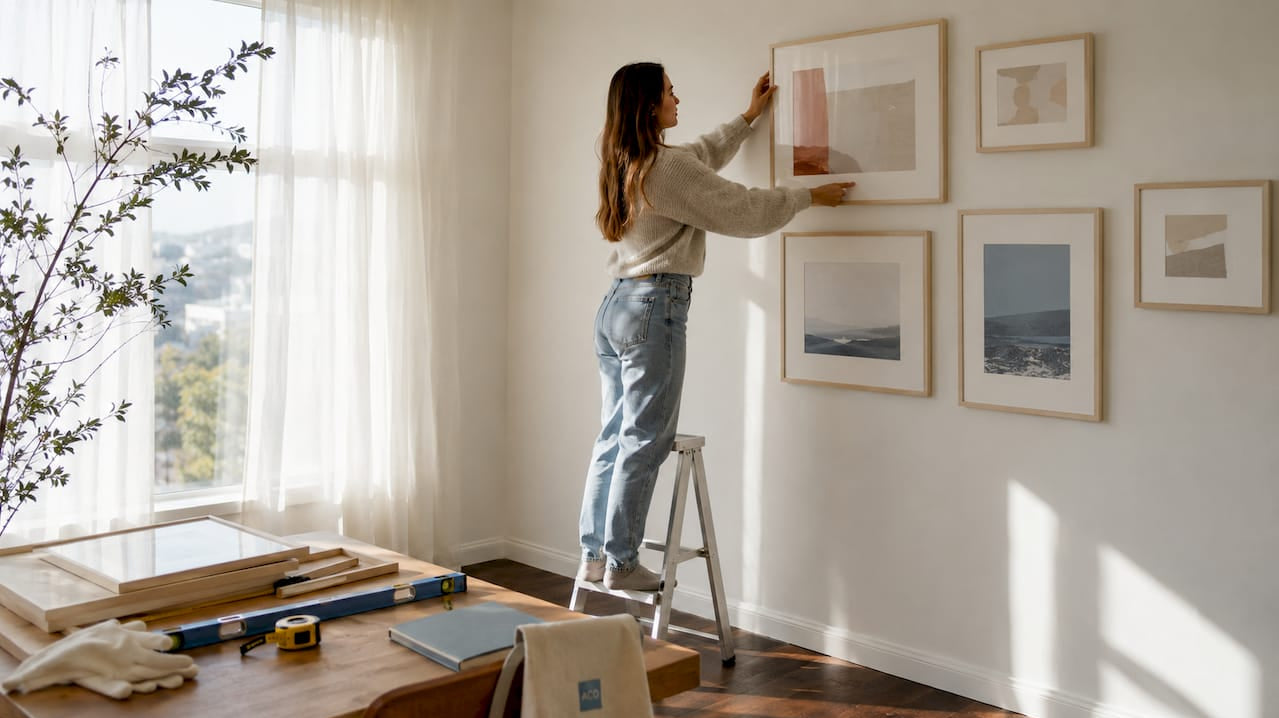 Woman hanging archival art prints in bright apartment