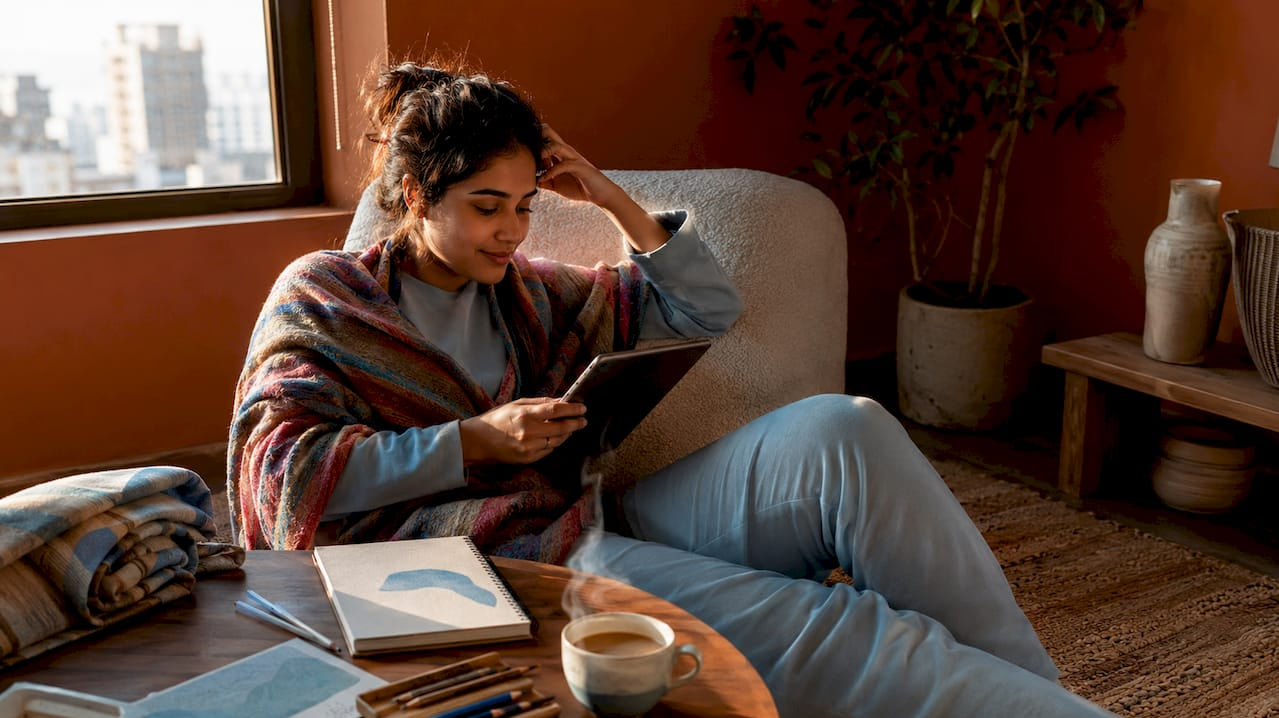 Woman browsing online art marketplaces on tablet