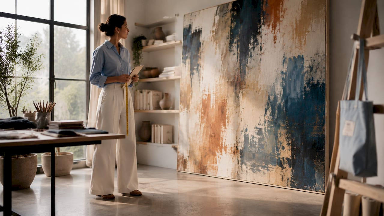 Interior designer reviewing large abstract painting