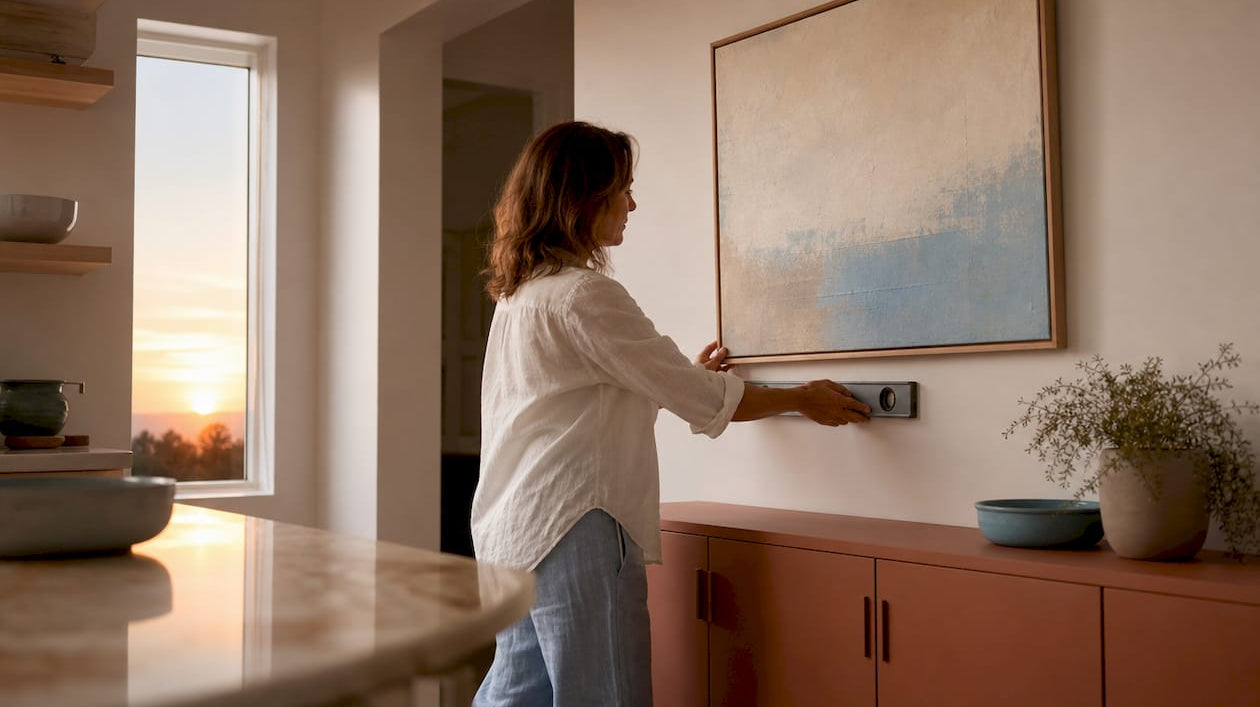 Woman positioning framed art above sofa
