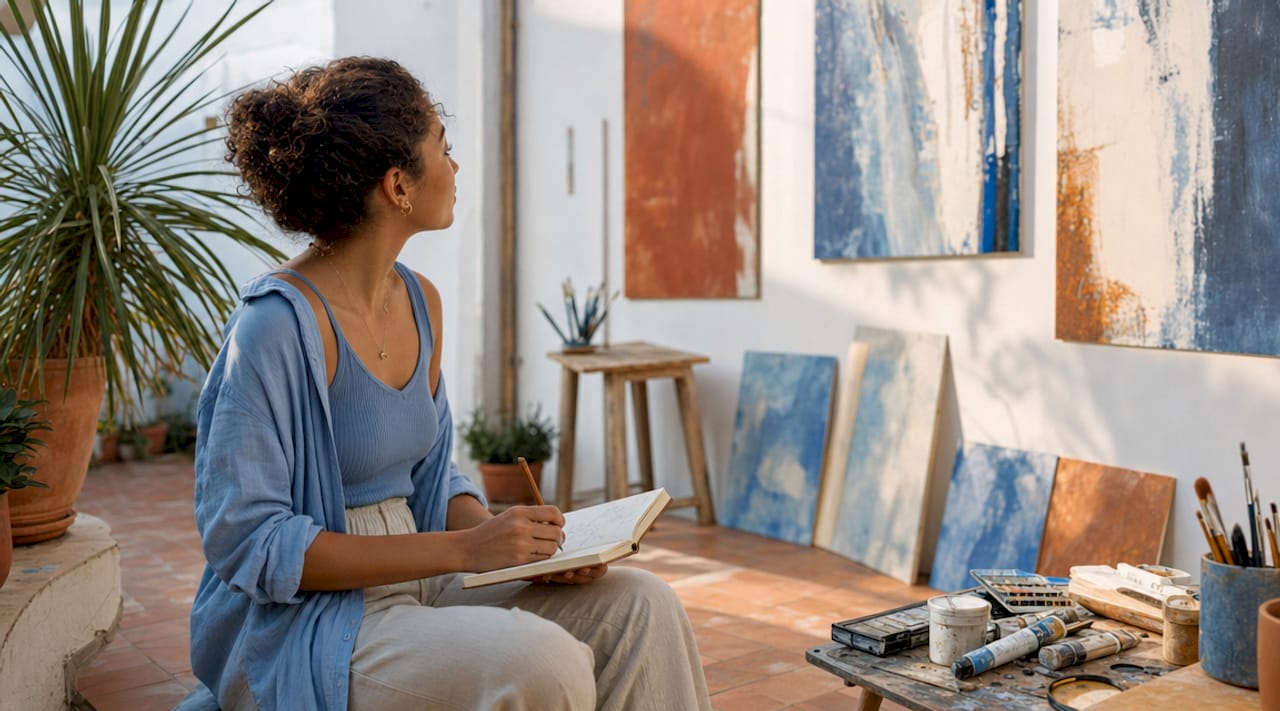 Visitor observing artworks in art studio event