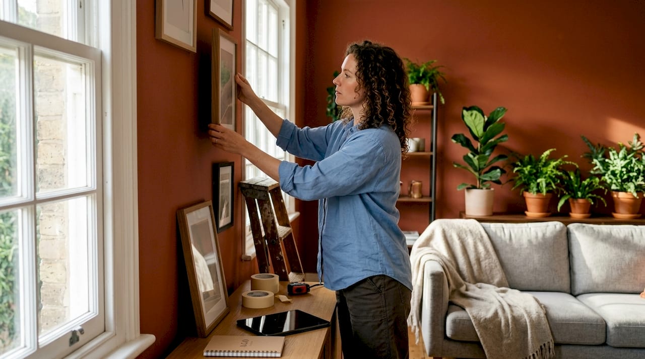 Woman arranging gallery wall in living room
