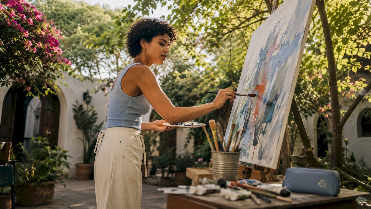 Artist painting personal style in sunny studio