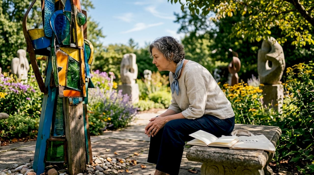 Woman reflecting on abstract painting in gallery