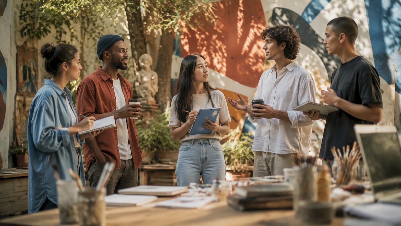 Artists discussing plans in studio