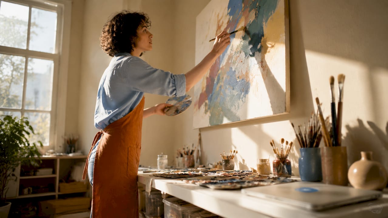 Artist painting in sunlit studio apartment