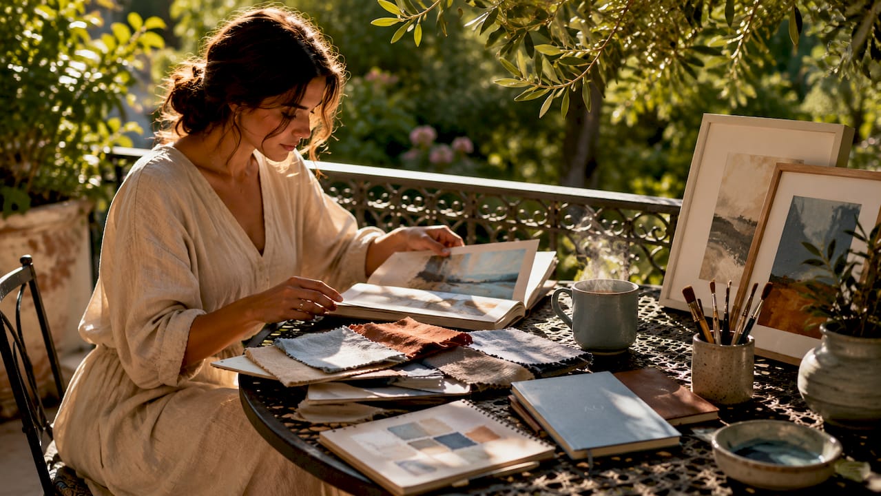 Woman reviewing art prints and catalogs at desk