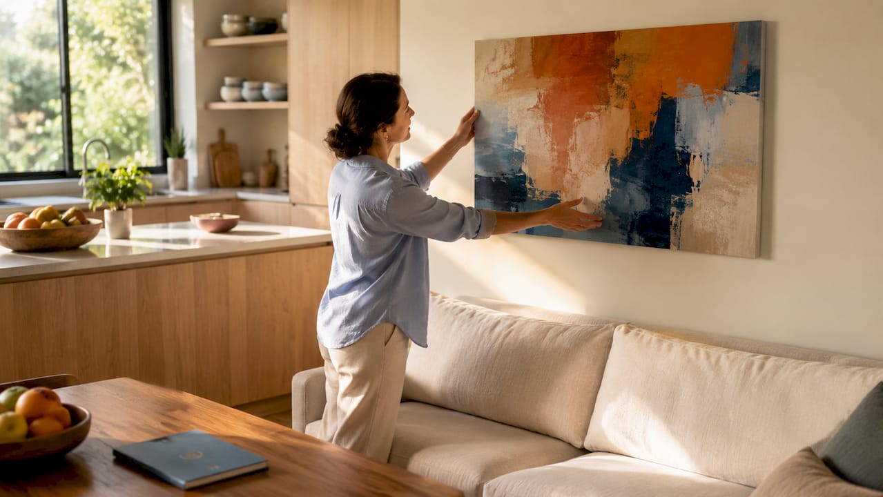 Woman hanging artwork in living room