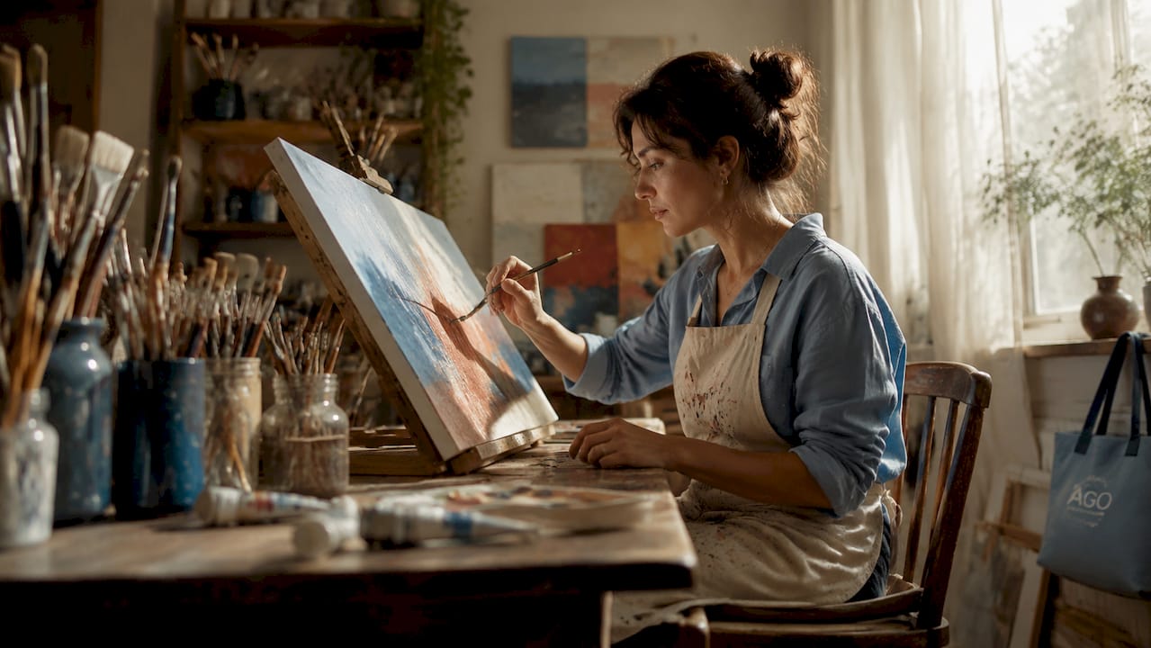 Artist working in bright dedicated home studio