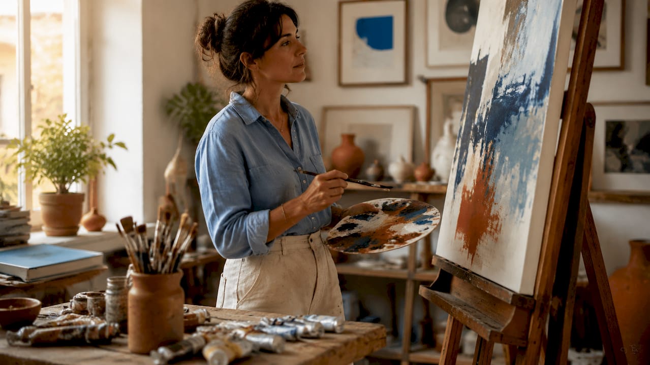 Artist painting in bright studio workspace