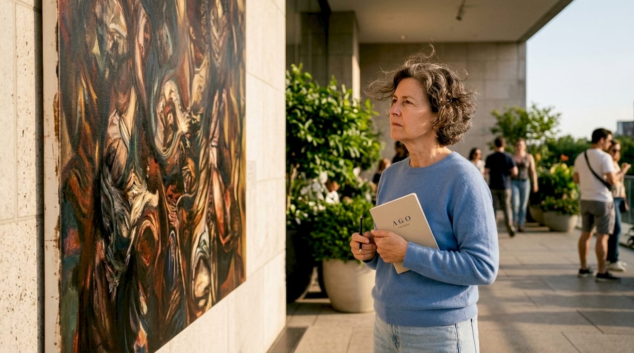 Woman viewing emotive painting in gallery