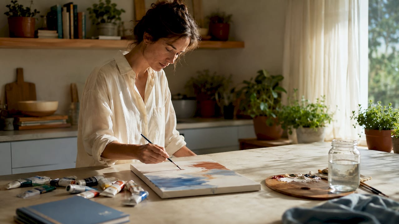 Artist painting original artwork in home studio