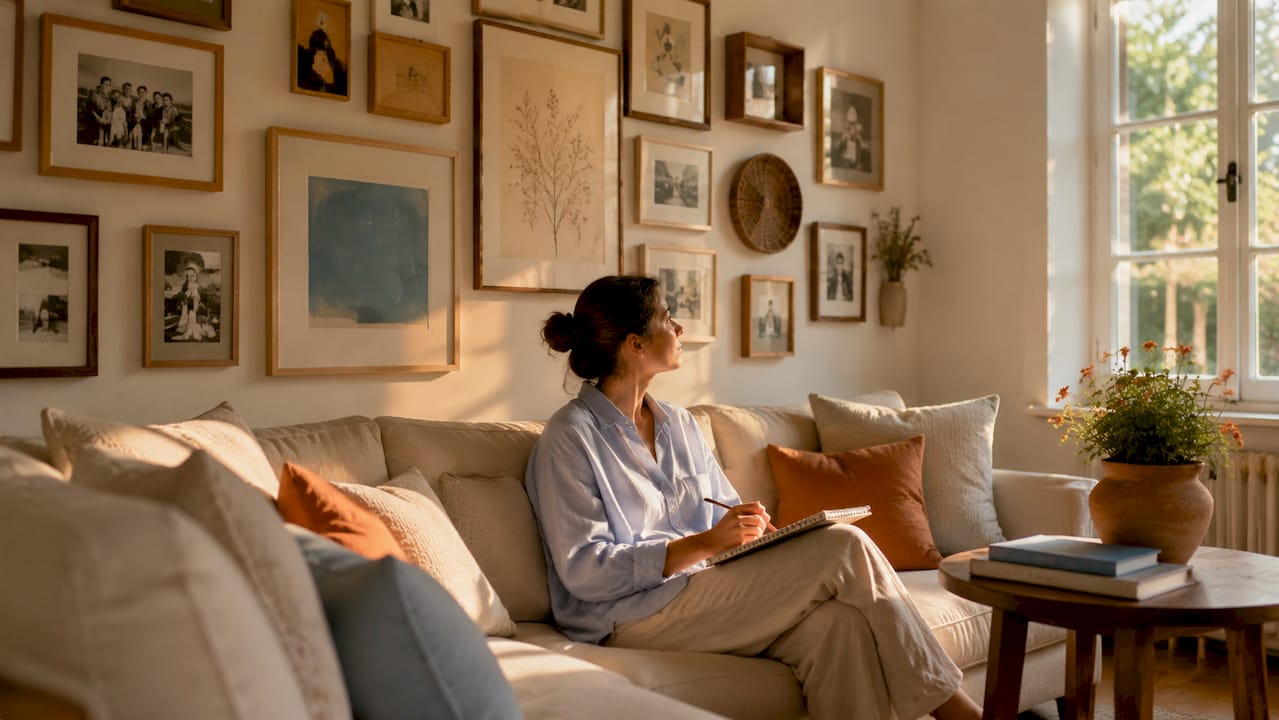 Person sketching gallery wall layout in living room