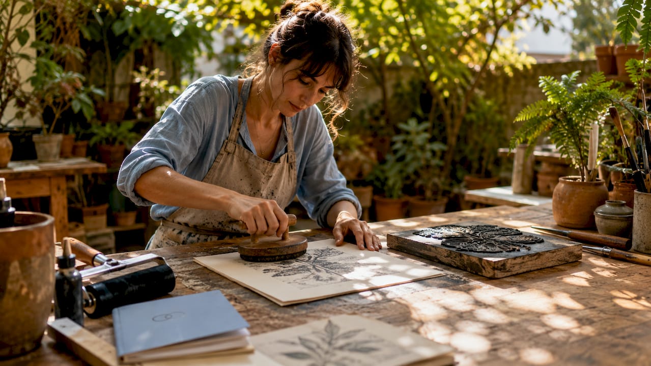 Artist hand-pulling relief print in studio