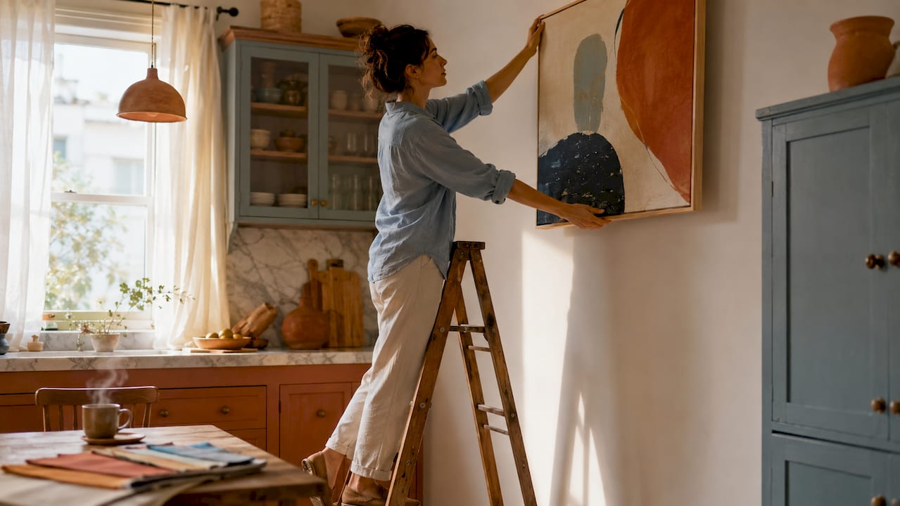 Homeowner hanging large abstract painting indoors