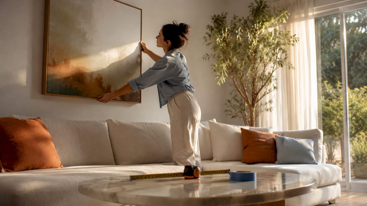 Woman positioning oversized art above sofa in bright living room