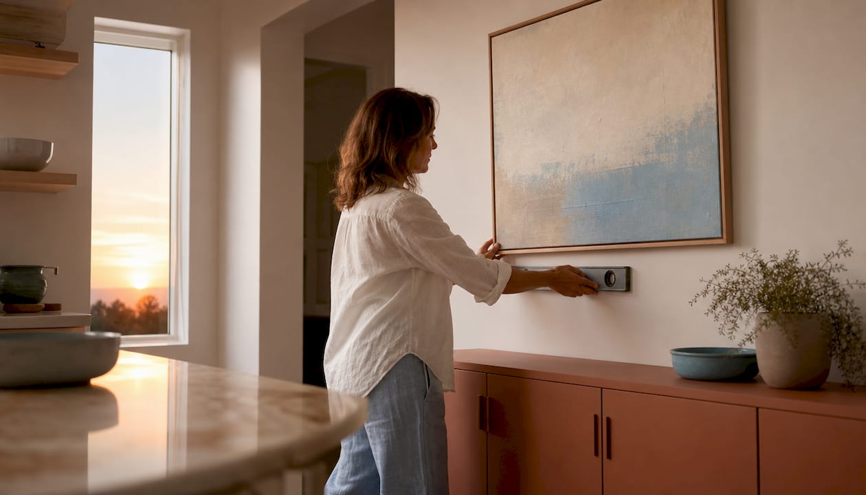 Woman positioning framed art above sofa